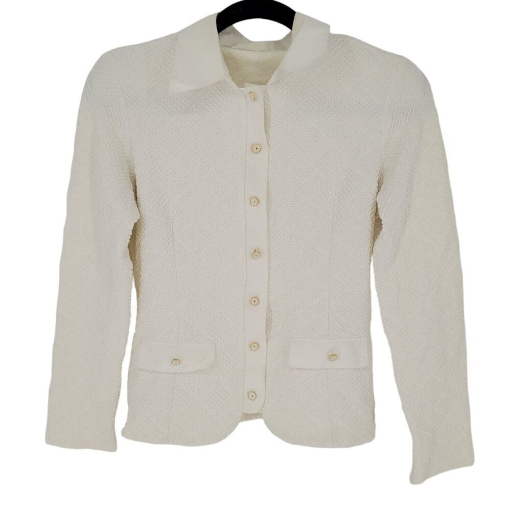 Rayure womens FR 40 US 8 Med white textured stretch button up long sleeve blouse